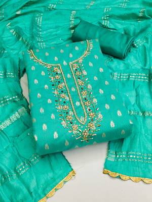 jacquard suit set with embroidered neck & soft cotton dupatta 1