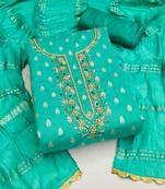 jacquard suit set with embroidered neck & soft cotton dupatta