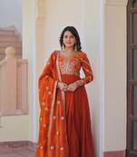 Orange Embroidery Sequins Work Long Kurti 