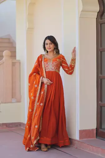 Orange Embroidery Sequins Work Long Kurti 
