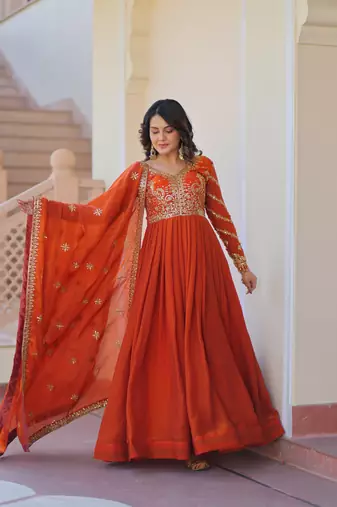 Orange Embroidery Sequins Work Long Kurti 