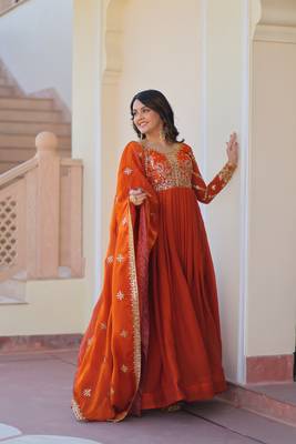 Orange Embroidery Sequins Work Long Kurti  5