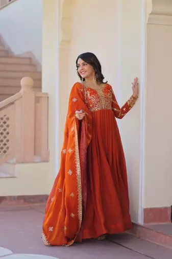 Orange Embroidery Sequins Work Long Kurti 