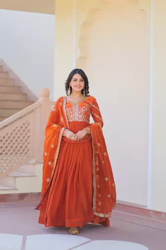 Orange Embroidery Sequins Work Long Kurti 