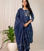 Navyblue women floral printed aline kurta pant with dupatta set