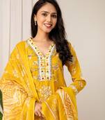 Mustard women embroidered floral printed aline kurta pant with dupatta set