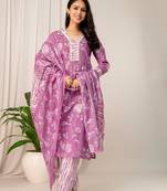 Purple women embroidered floral printed aline kurta pant with dupatta set
