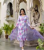 Mauve women embroidered floral printed aline kurta pant with dupatta set