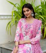 Pink women embroidered floral printed aline kurta pant with dupatta set