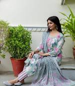 Pastel green women embroidered floral printed aline kurta pant with dupatta set