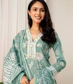 Pastel green women embroidered floral printed aline kurta pant with dupatta set