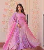Pink Embroidery Organza Sequins Work Long Kurti Gown with Dupatta
