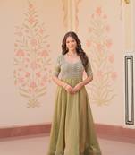 Green embroidery sequins work long kurti gown with dupatta