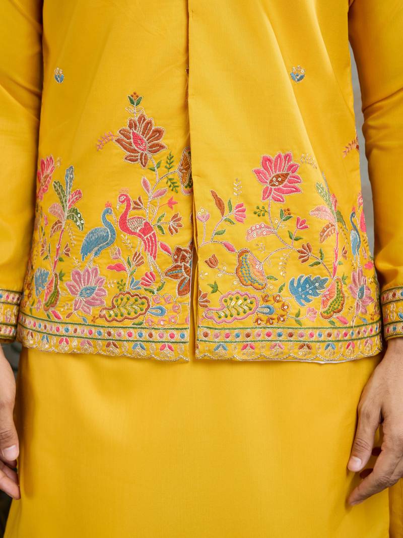 Yellow cotton thread with sequins embroidered work wedding festival party wear straight kurta with jacket