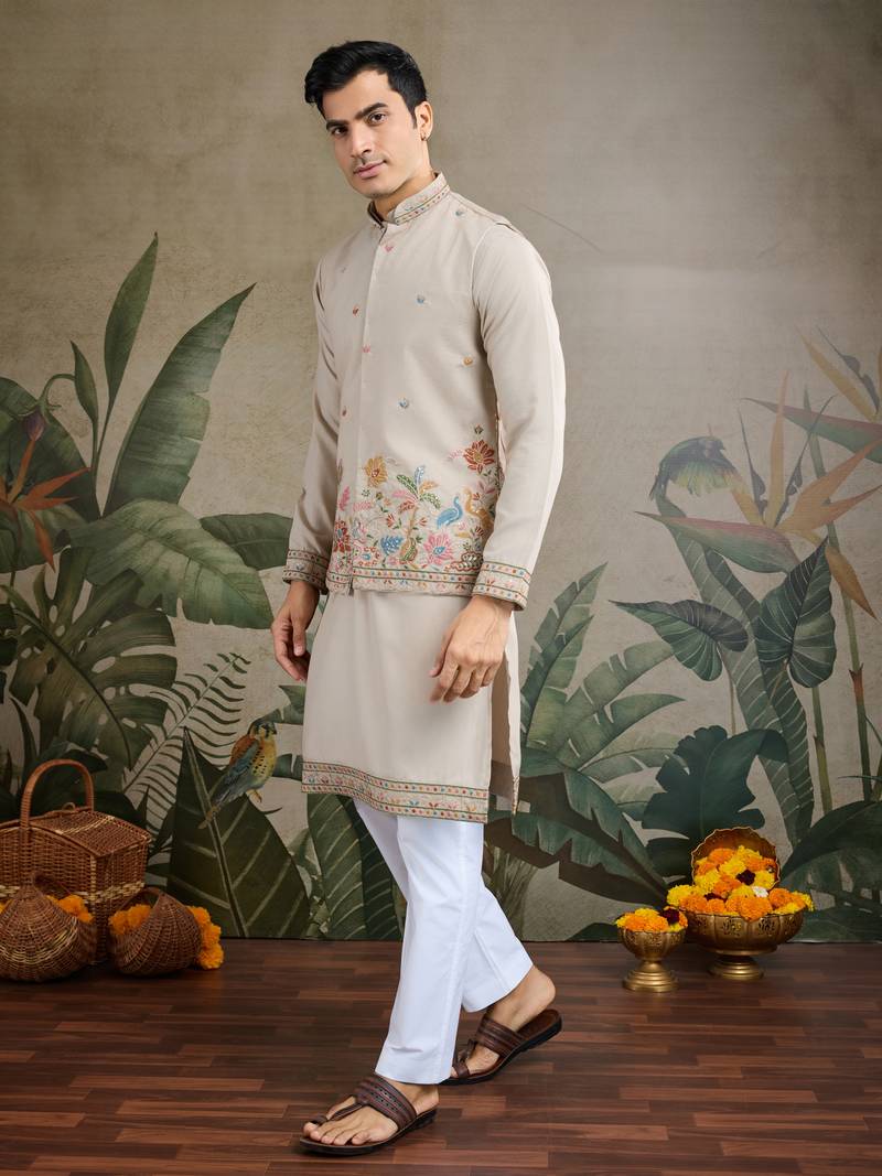 Beige cotton thread with sequins embroidered work wedding festival party wear straight kurta with jacket