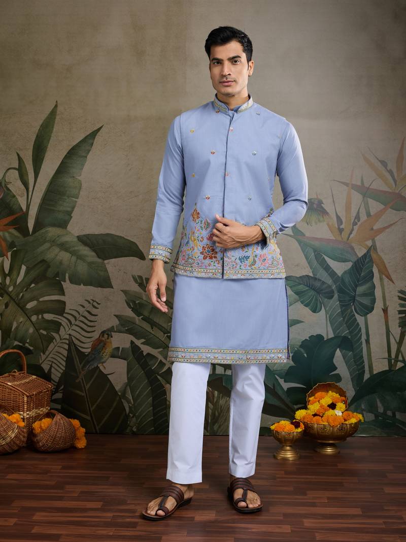 Sky blue cotton thread with sequins embroidered work wedding festival party wear straight kurta with jacket