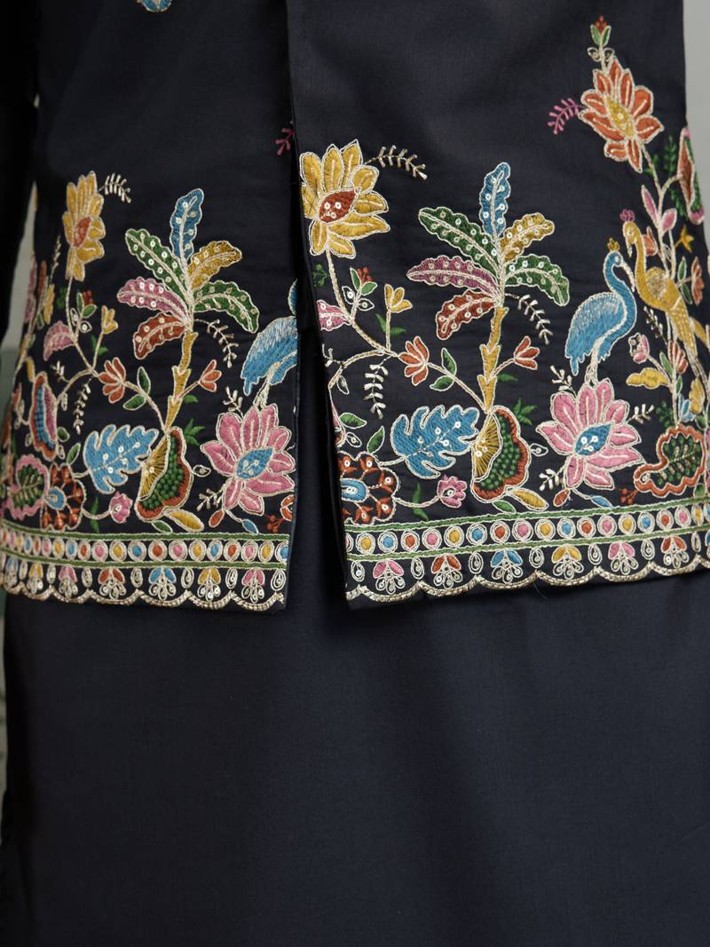 Black cotton thread with sequins embroidered work wedding festival party wear straight kurta with jacket