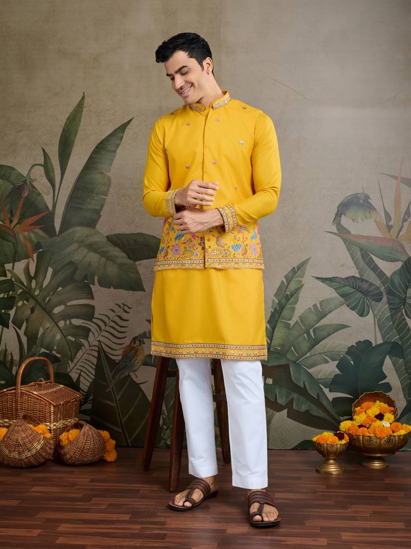 Yellow cotton thread with sequins embroidered work wedding festival party wear straight kurta with jacket