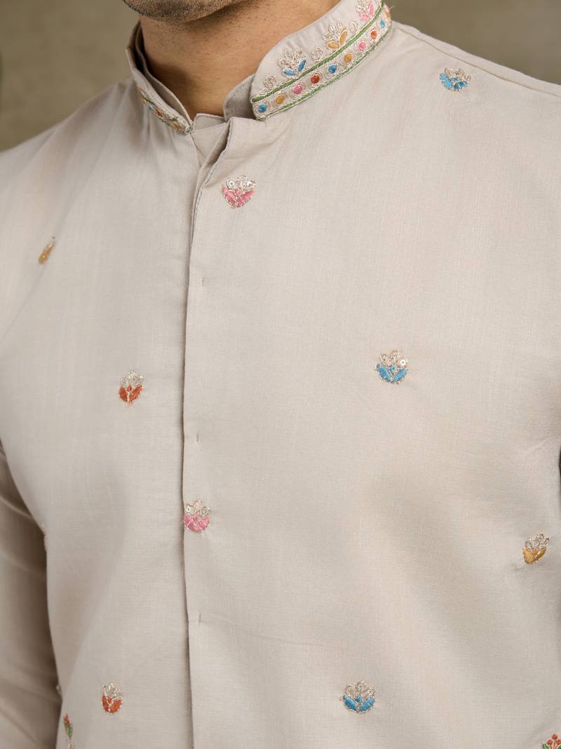 Beige cotton thread with sequins embroidered work wedding festival party wear straight kurta with jacket