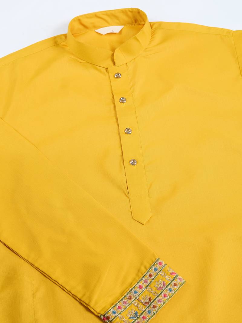 Yellow cotton thread with sequins embroidered work wedding festival party wear straight kurta with jacket