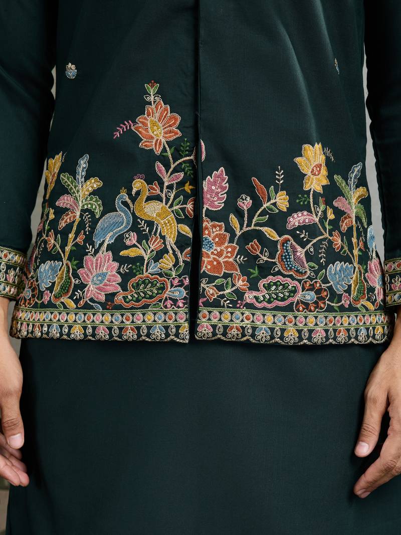 Green cotton thread with sequins embroidered work wedding festival party wear straight kurta with jacket