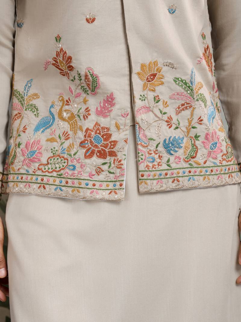 Beige cotton thread with sequins embroidered work wedding festival party wear straight kurta with jacket
