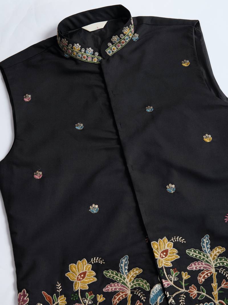 Black cotton thread with sequins embroidered work wedding festival party wear straight kurta with jacket
