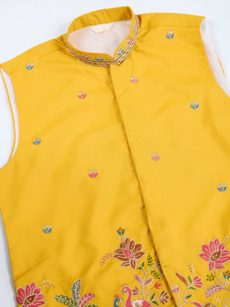 Yellow cotton thread with sequins embroidered work wedding festival party wear straight kurta with jacket