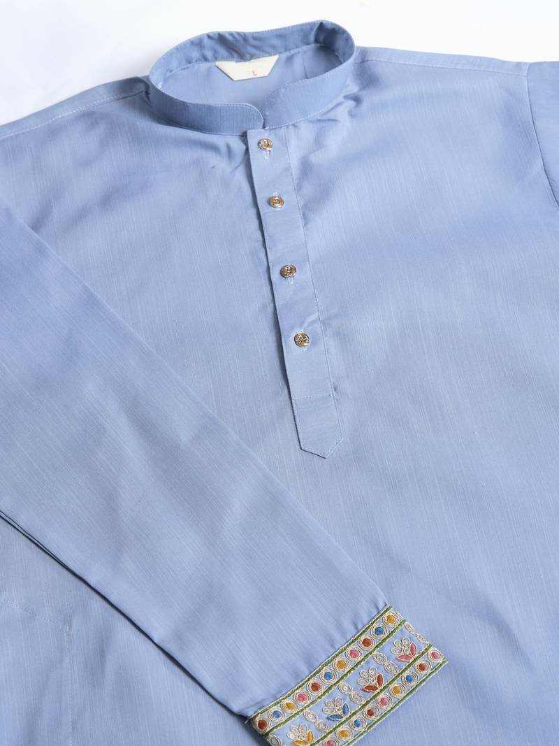 Sky blue cotton thread with sequins embroidered work wedding festival party wear straight kurta with jacket