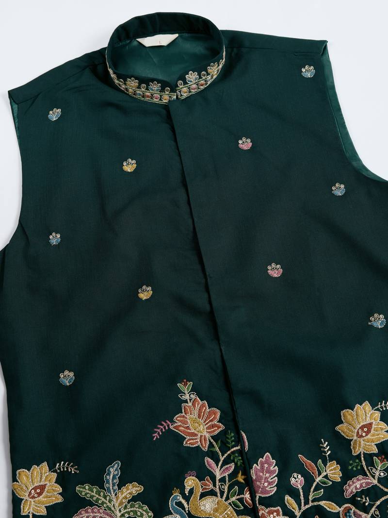 Green cotton thread with sequins embroidered work wedding festival party wear straight kurta with jacket