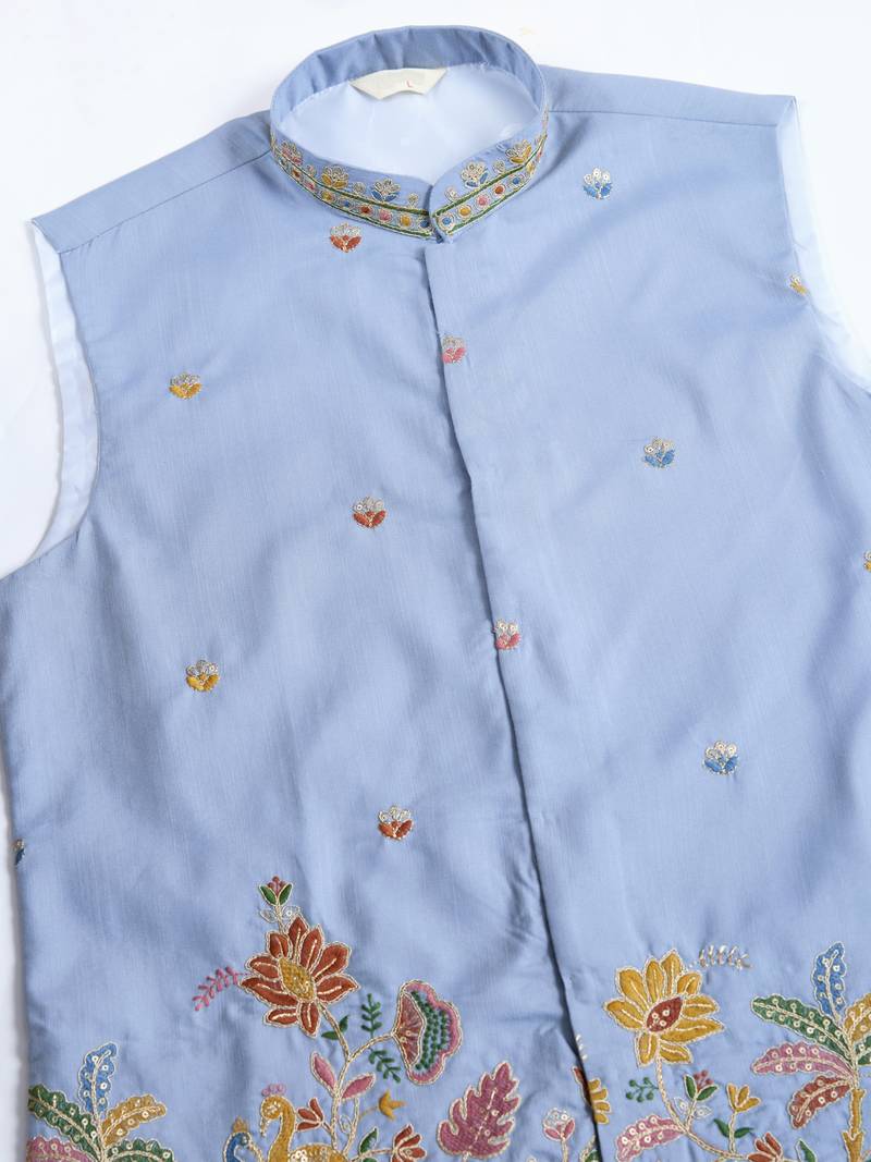 Sky blue cotton thread with sequins embroidered work wedding festival party wear straight kurta with jacket