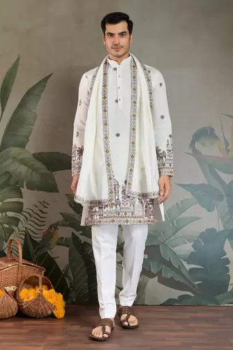 WHITE VISCOSE SILK THEAD WITH SEQUINS EMBROIDERED WORK WEDDING FUNCTION FESTIVAL PARTY WEAR STRAIGHT KURTA WITH DUPATTA