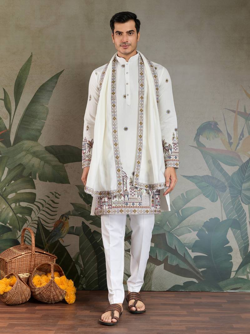 white viscose silk thead with sequins embroidered straight kurta with dupatta
