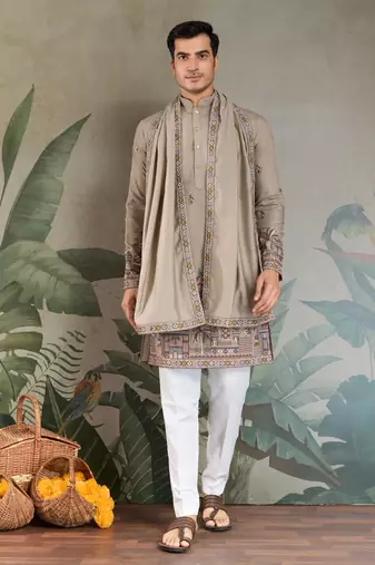 beige silk embroidered kurta with dupatta