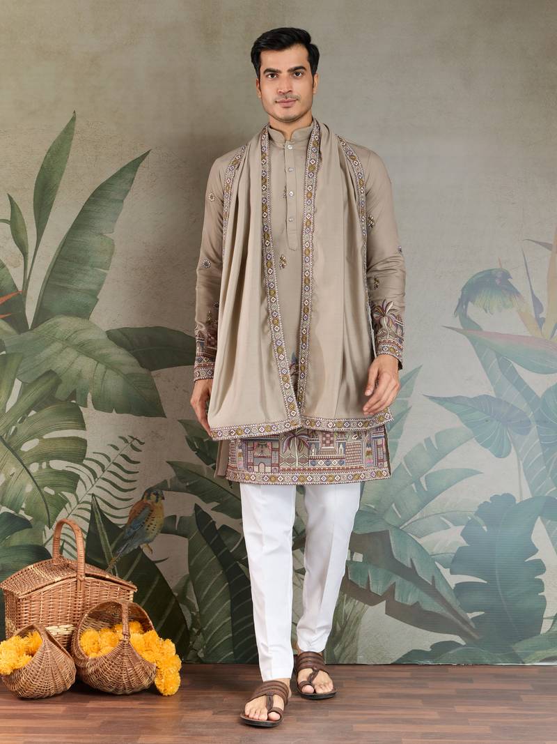 beige silk with sequins embroidered straight kurta with dupatta