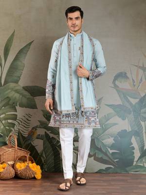 SKY BLUE VISCOSE SILK THEAD WITH SEQUINS EMBROIDERED WORK WEDDING FESTIVAL PARTY WEAR STRAIGHT KURTA WITH DUPATTA 7