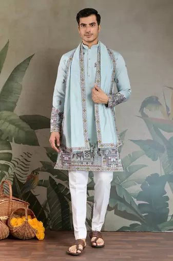 SKY BLUE VISCOSE SILK THEAD WITH SEQUINS EMBROIDERED WORK WEDDING FESTIVAL PARTY WEAR STRAIGHT KURTA WITH DUPATTA