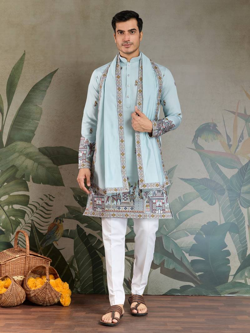 sky blue viscose silk sequins embroidered kurta with dupatta