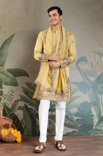 YELLOW VISCOSE SILK THEAD WITH SEQUINS EMBROIDERED WORK WEDDING FUNCTION FESTIVAL PARTY WEAR STRAIGHT KURTA WITH DUPATTA
