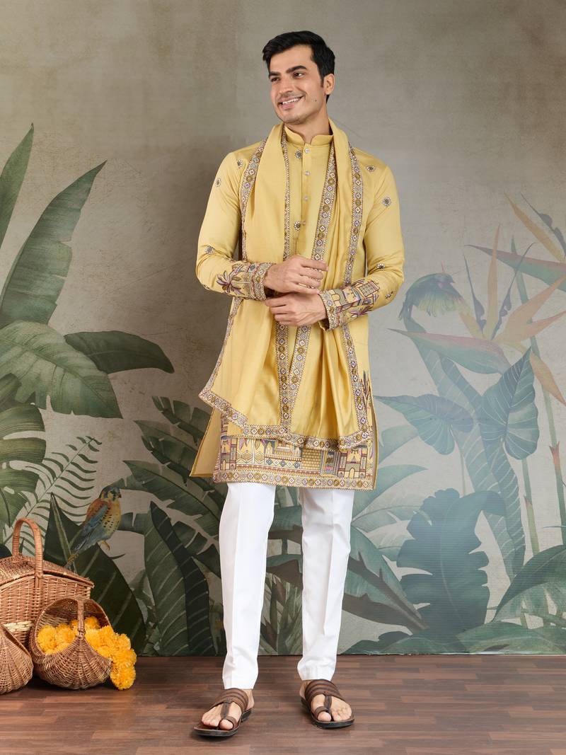 Yellow viscose silk thead with sequins embroidered work wedding function festival party wear straight kurta with dupatta