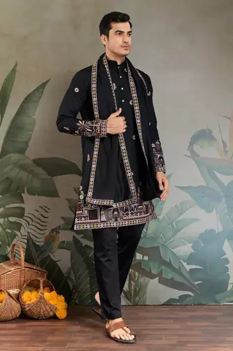 BLACK VISCOSE SILK THEAD WITH SEQUINS EMBROIDERED WORK WEDDING FUNCTION FESTIVAL PARTY WEAR STRAIGHT KURTA WITH DUPATTA