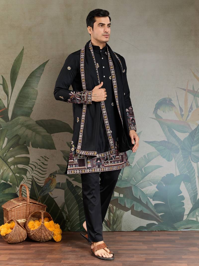 black viscose silk sequins embroidered straight kurta with dupatta