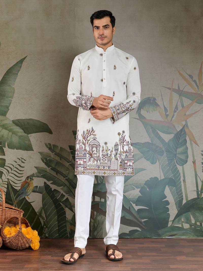 white viscose silk thead with sequins embroidered straight kurta with dupatta