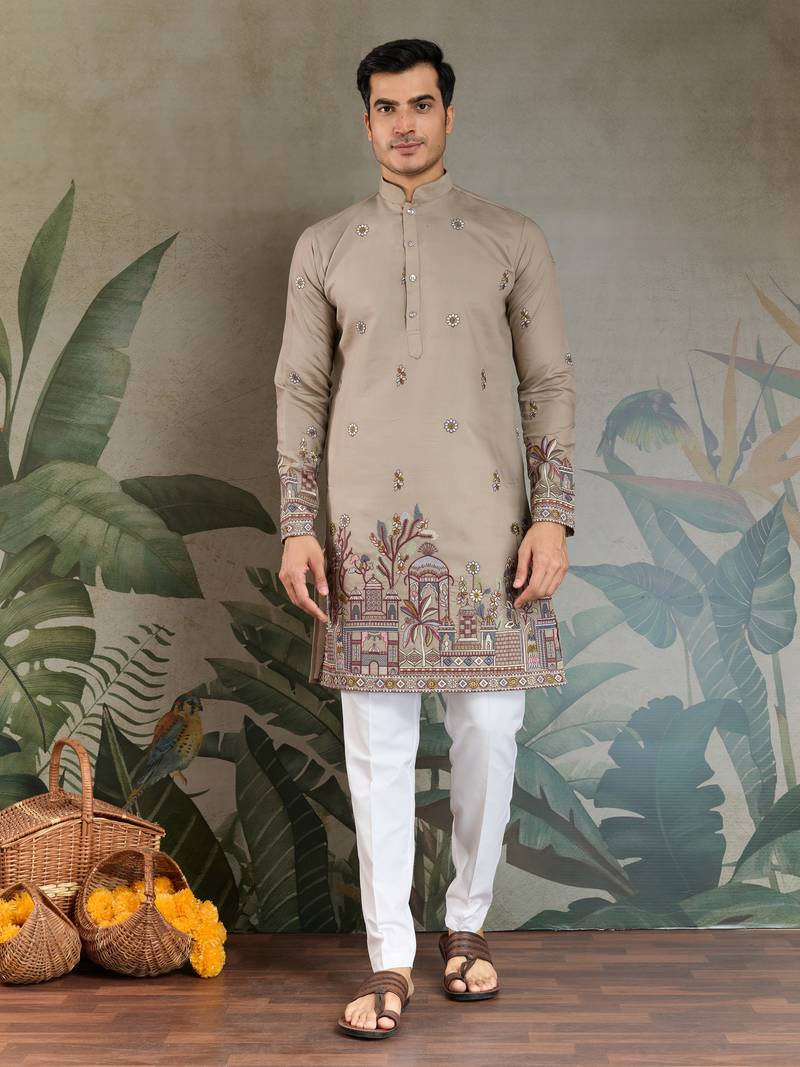 beige silk with sequins embroidered straight kurta with dupatta