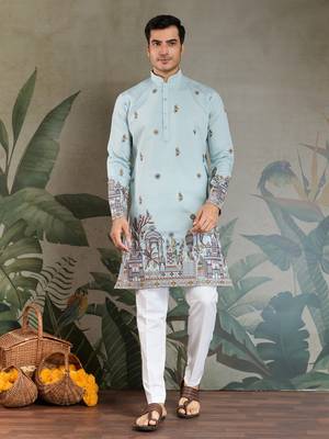SKY BLUE VISCOSE SILK THEAD WITH SEQUINS EMBROIDERED WORK WEDDING FESTIVAL PARTY WEAR STRAIGHT KURTA WITH DUPATTA 8
