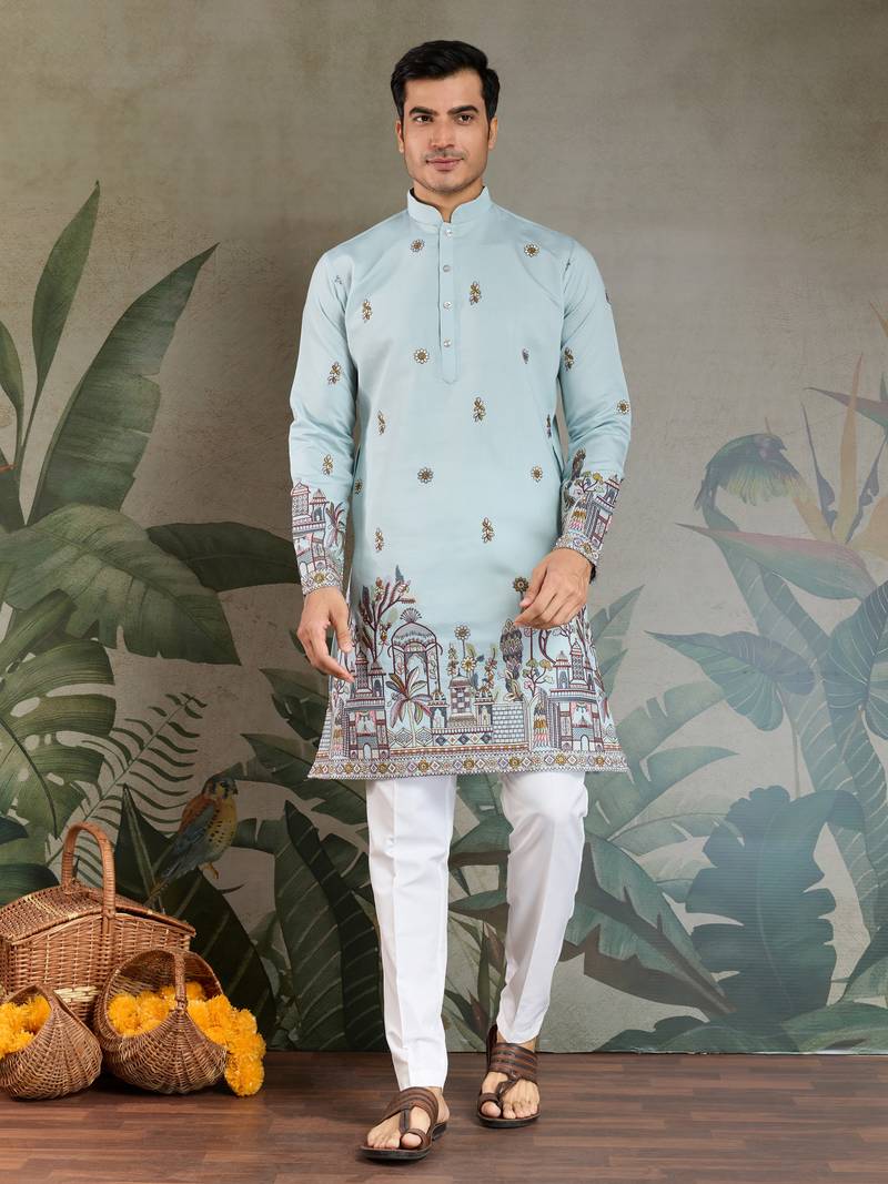 sky blue viscose silk sequins embroidered kurta with dupatta