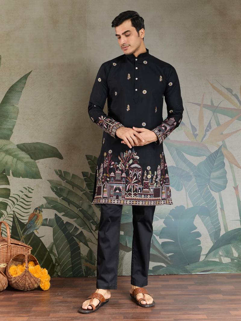 black viscose silk sequins embroidered straight kurta with dupatta