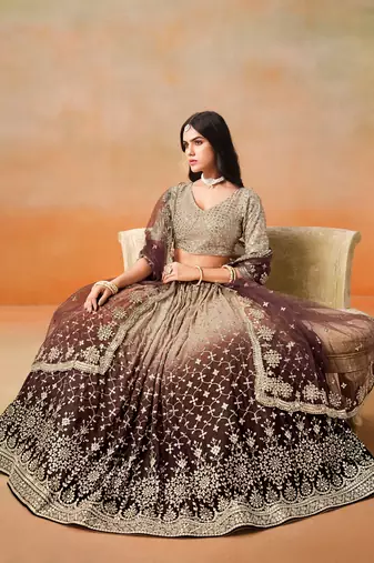 brown zari sequin georgette designer lehenga set