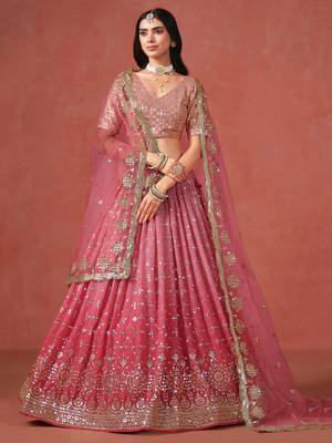 fantastic peach and light-pink zari sequins embroidered georgette indian wedding lehenga dress 7
