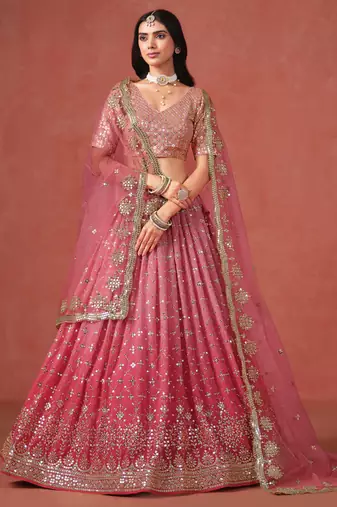 fantastic peach and light-pink zari sequins embroidered georgette indian wedding lehenga dress